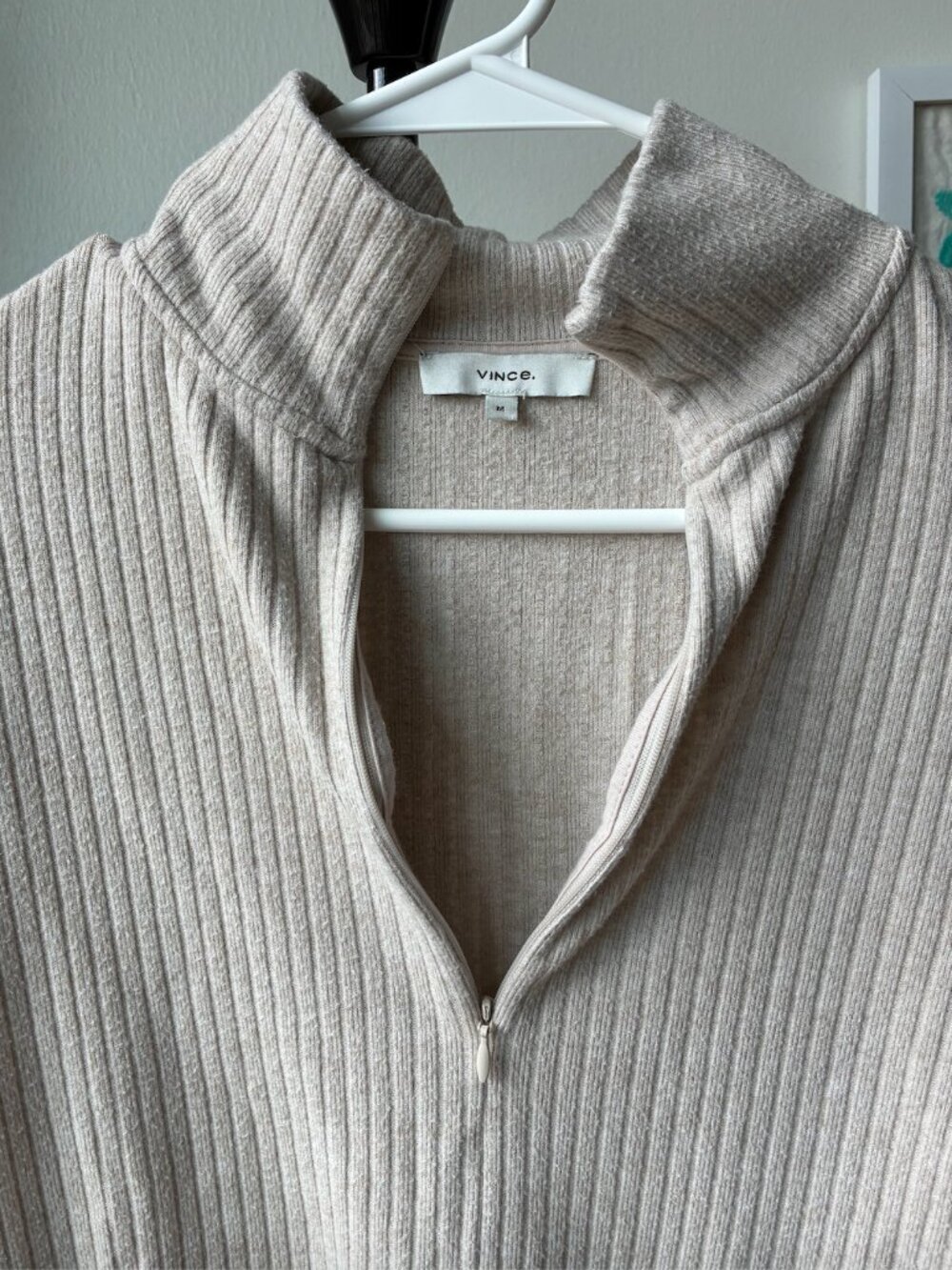 Vince Ribbed Half Zip Turtleneck in Heather Dark Ivory - Size M - Picture 8 of 14